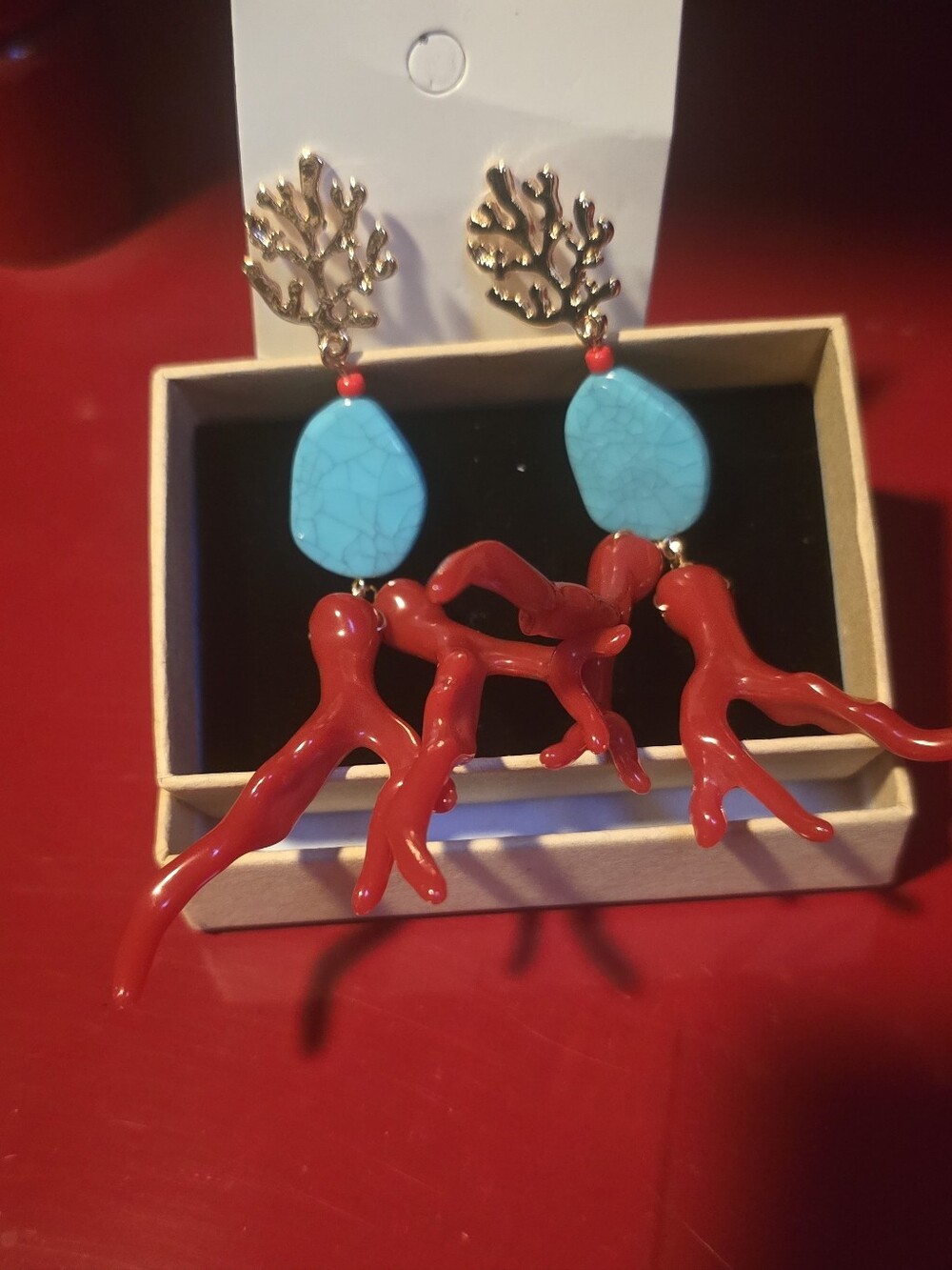 Gold Coral  Dangle Earrings Turquoise And Vivid Red Coral Branches Beachworthy